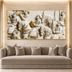 Royal 3D Kurukshetra War Scene White and Gold Embossed Canvas Painting