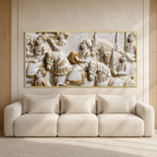 Royal 3D Kurukshetra War Scene White and Gold Embossed Canvas Painting