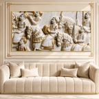 Royal 3D Kurukshetra War Scene White and Gold Embossed Canvas Painting