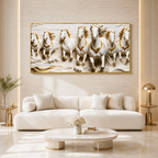 Royal 3D Seven Horses Running Through Waves White Gold Canvas Wall Art