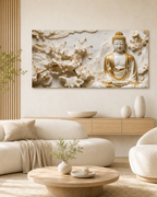 Divine Golden Buddha Floral 3D Effect Canvas Painting for Living Room Wall