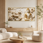 Divine Golden Buddha Floral 3D Effect Canvas Painting for Living Room Wall