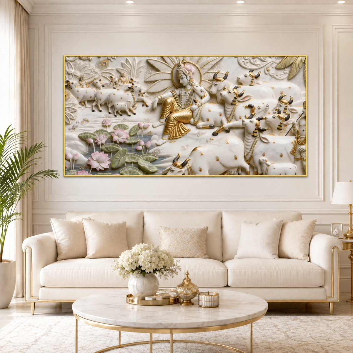 Divine 3D Krishna Cow Painting – Sacred Cows, Lotus Flowers & Gold Embossed Artwork