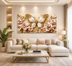 Luxury Golden Butterfly Wall Painting with Intricate Floral Details and Pink Blossoms
