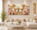 Luxury Golden Butterfly Wall Painting with Intricate Floral Details and Pink Blossoms