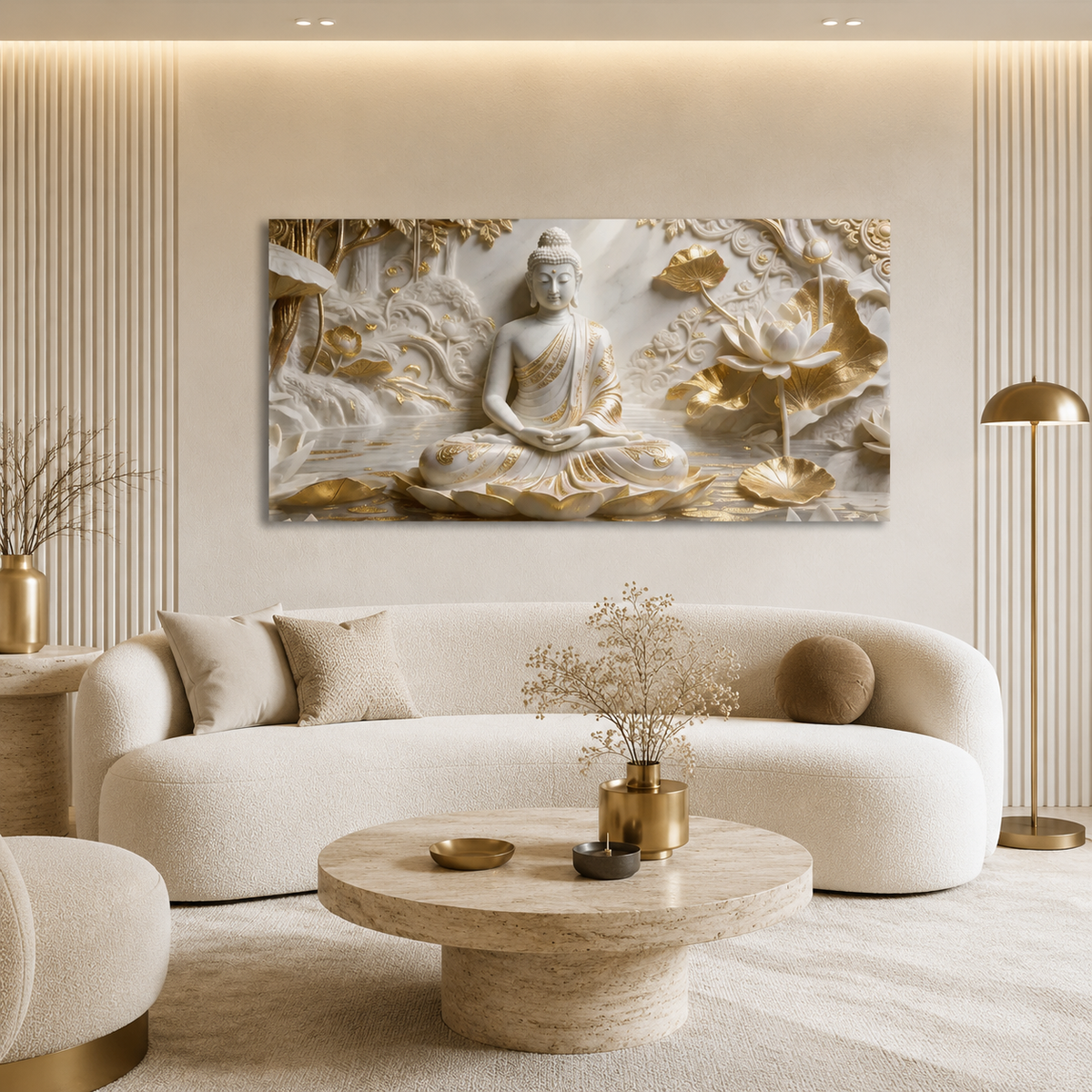 Minimalist Luxury 3D Marble Texture Wall Art Golden Lotus Buddha Canvas Painting