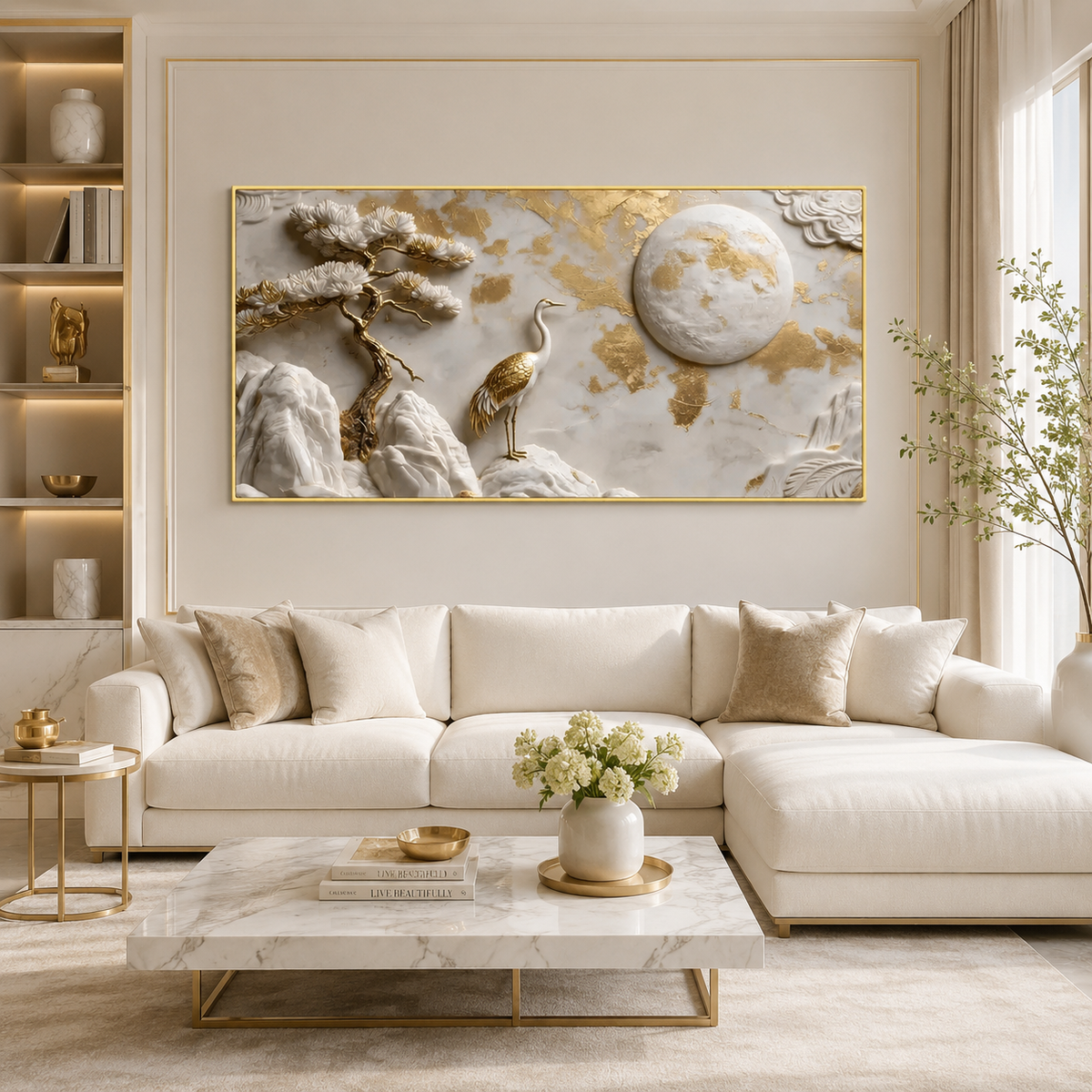 Auspicious 3D Golden Crane and Pine Tree Canvas Painting High End Feng Shui Wall Decor for Living Room
