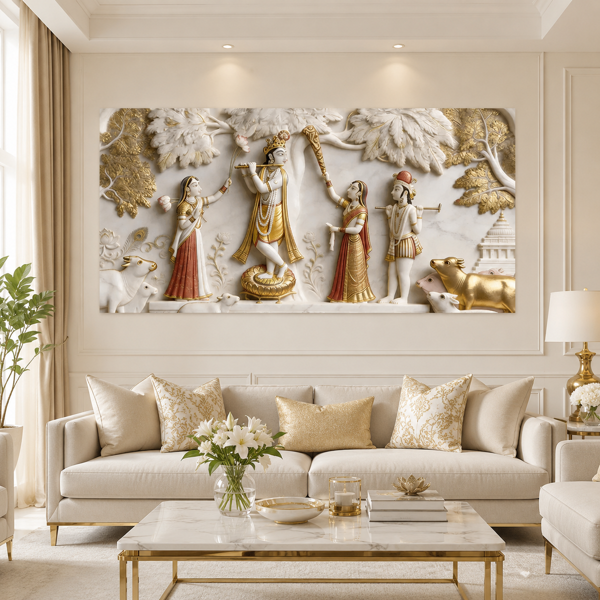 Auspicious 3D Radha Krishna with Gopis and Kamdhenu Cows Canvas Painting for Vastu Wall Decor