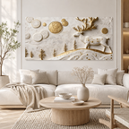 Traditional 3D Embossed Golden Stag and Landscape Painting High End Marble Effect Canvas Wall Painting