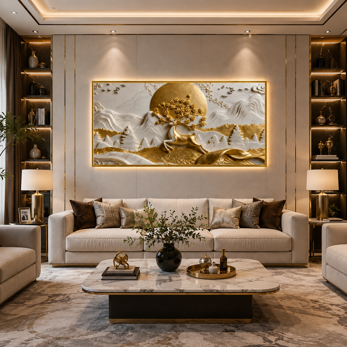Nature Style 3D Relief Wall Painting Golden Stag and Mountain Landscape Artwork
