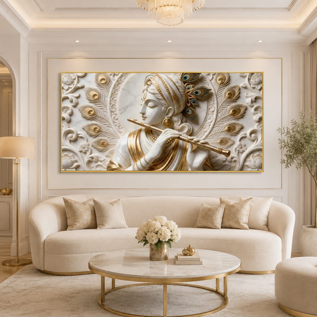 Divine Lord Krishna Playing Bansuri 3D Wall Decor Premium Artwork Large Canvas Painting for Home Décor