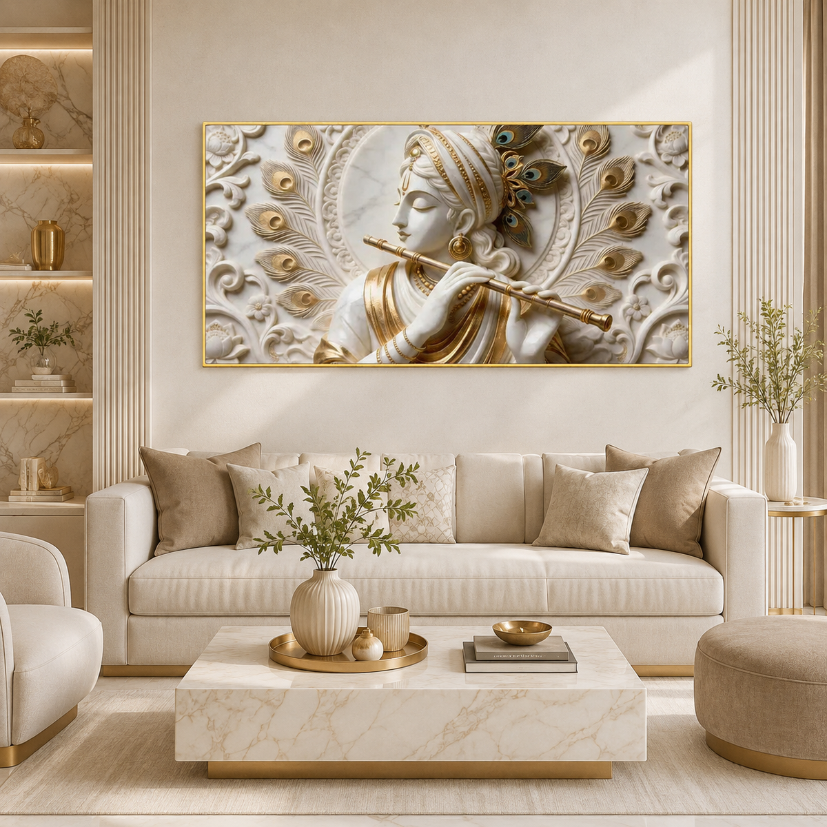 Divine Lord Krishna Playing Bansuri 3D Wall Decor Premium Artwork Large Canvas Painting for Home Décor
