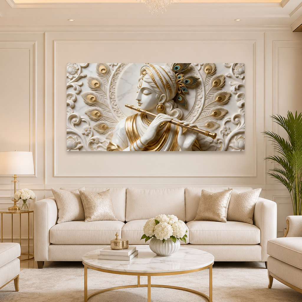 Divine Lord Krishna Playing Bansuri 3D Wall Decor Premium Artwork Large Canvas Painting for Home Décor
