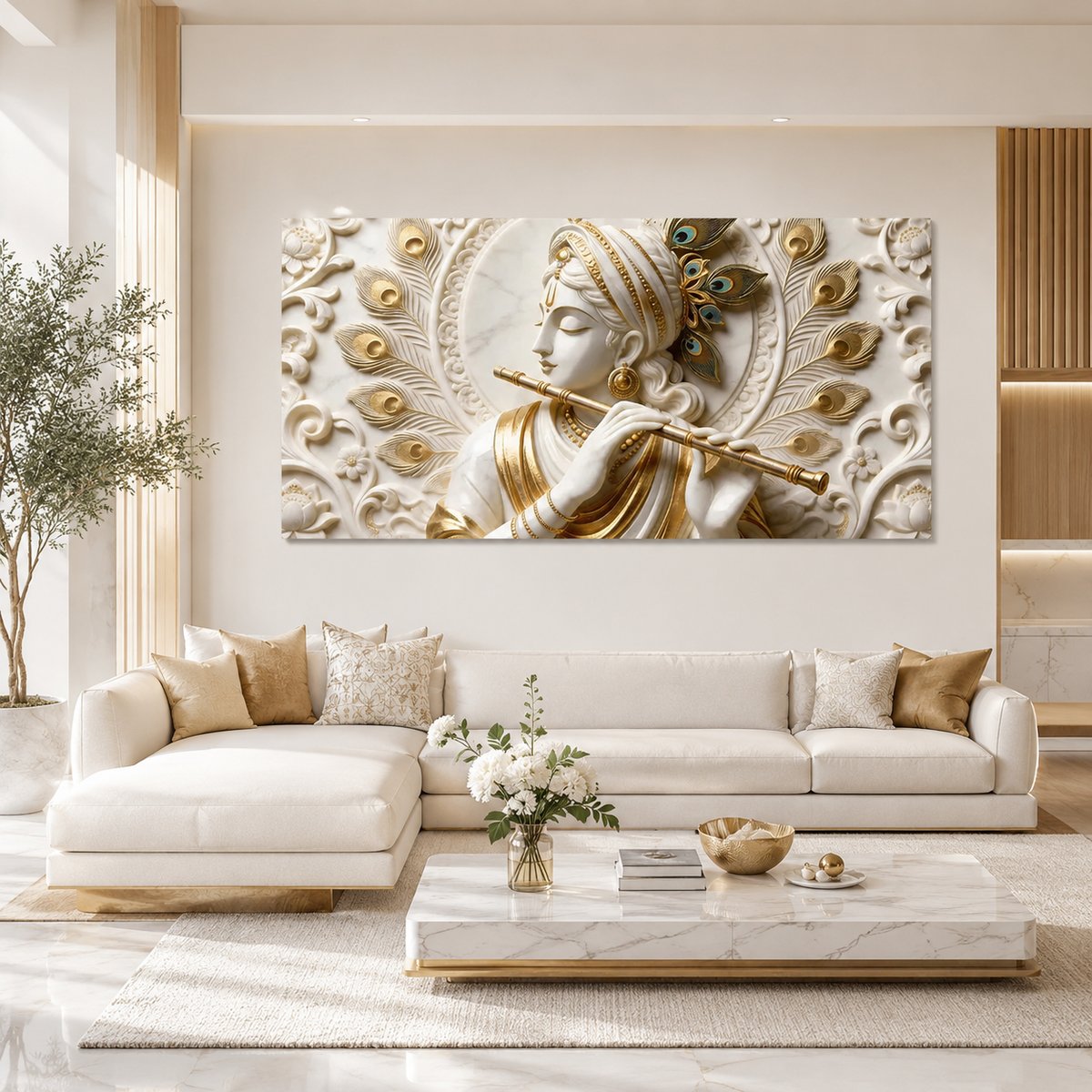 Divine Lord Krishna Playing Bansuri 3D Wall Decor Premium Artwork Large Canvas Painting for Home Décor