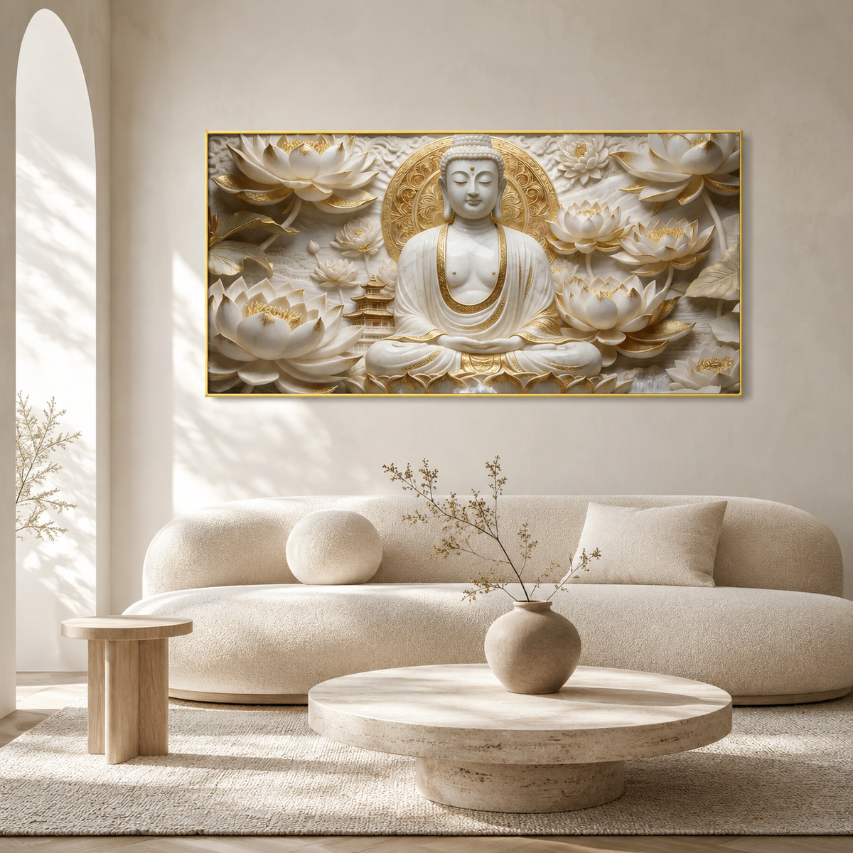Elegant White Buddha Meditation 3D Effect Print Canvas Painting for Wall Decoration