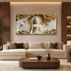 Premium Framed 3D Relief Wall Art White Marble Texture Golden Accent Buddha Artwork
