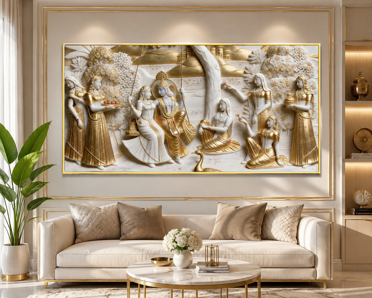 Divine Lord Krishna and Radha Jhula Leela 3D Wall Decor Premium Canvas Painting for Modern Home