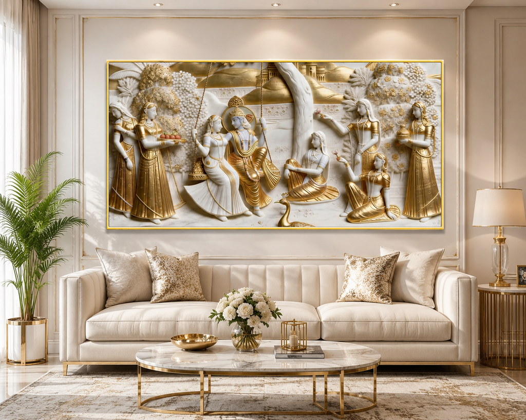 Divine Lord Krishna and Radha Jhula Leela 3D Wall Decor Premium Canvas Painting for Modern Home