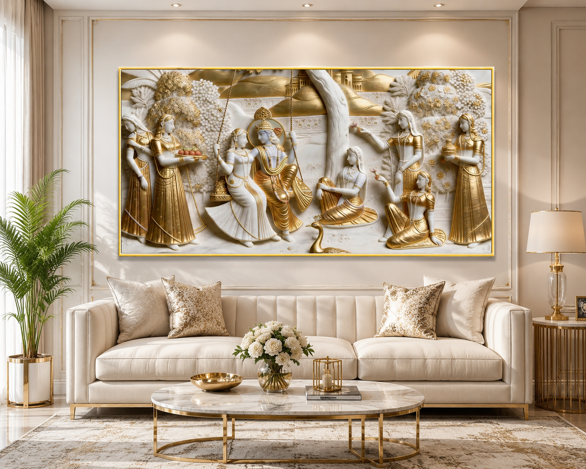 Divine Lord Krishna and Radha Jhula Leela 3D Wall Decor Premium Canvas Painting for Modern Home