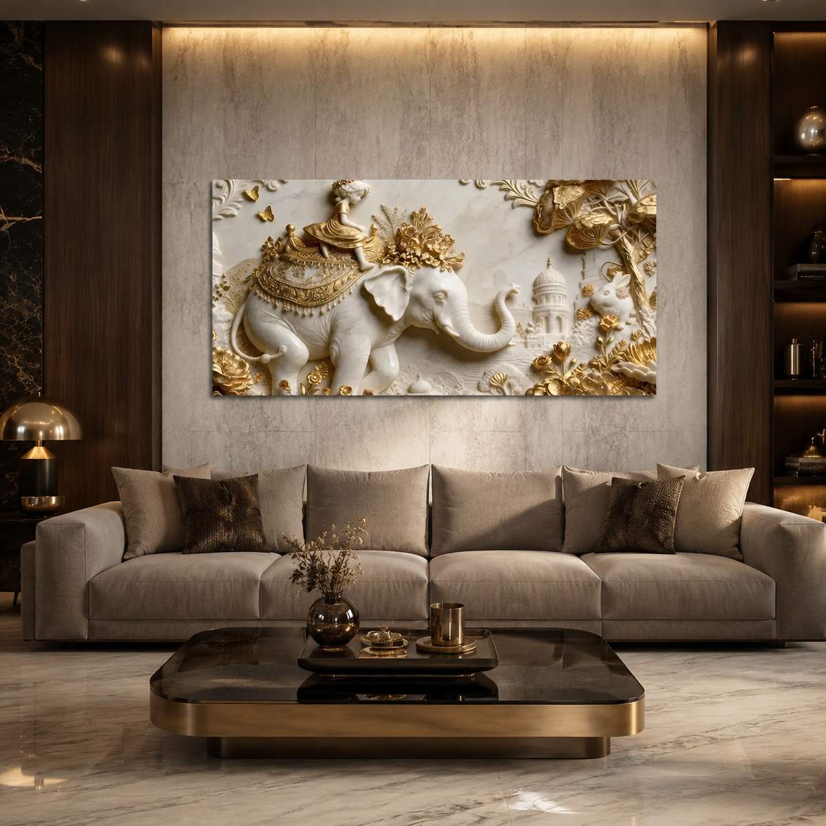 Royal Elephant Wall Art Featuring Golden Accents for Modern Living Room Decor