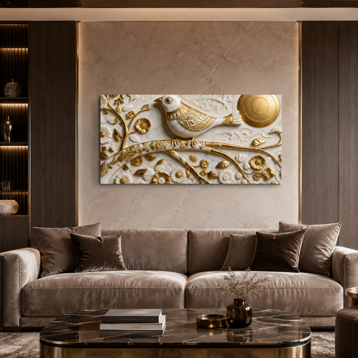 3D Wall Art with White Bird and Golden Sun Motif for Bedroom Canvas Painting