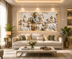 Luxurious 3D Sculpted Krishna Playing Bansuri Beside Radha Canvas Art for Living Room