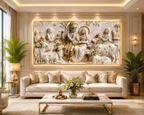 Luxurious 3D Sculpted Krishna Playing Bansuri Beside Radha Canvas Art for Living Room