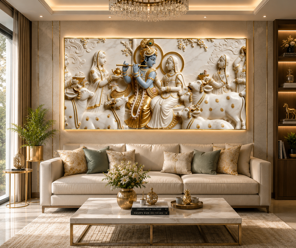 Luxurious 3D Sculpted Krishna Playing Bansuri Beside Radha Canvas Art for Living Room