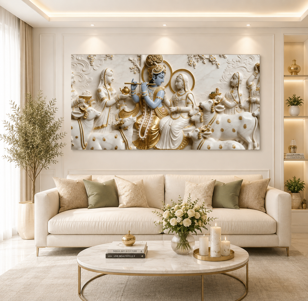 Luxurious 3D Sculpted Krishna Playing Bansuri Beside Radha Canvas Art for Living Room