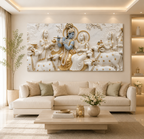 Luxurious 3D Sculpted Krishna Playing Bansuri Beside Radha Canvas Art for Living Room