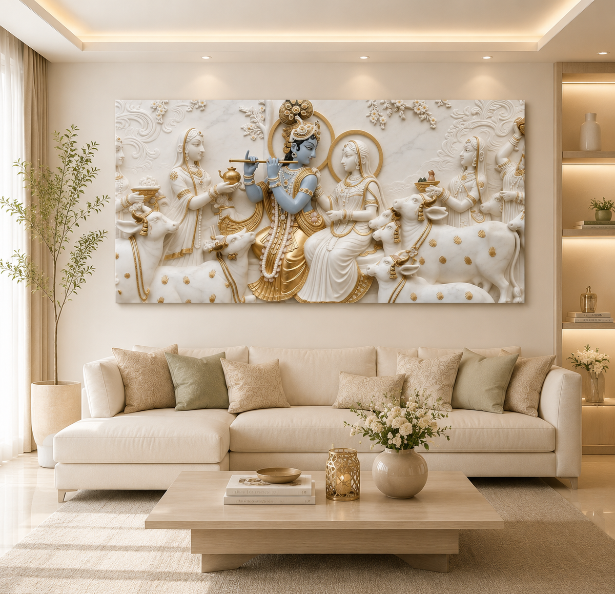 Luxurious 3D Sculpted Krishna Playing Bansuri Beside Radha Canvas Art for Living Room