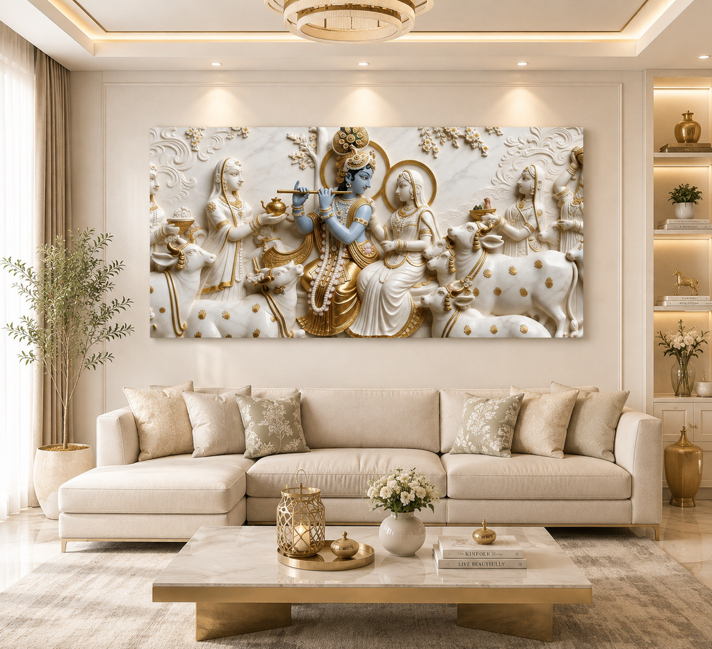 Luxurious 3D Sculpted Krishna Playing Bansuri Beside Radha Canvas Art for Living Room