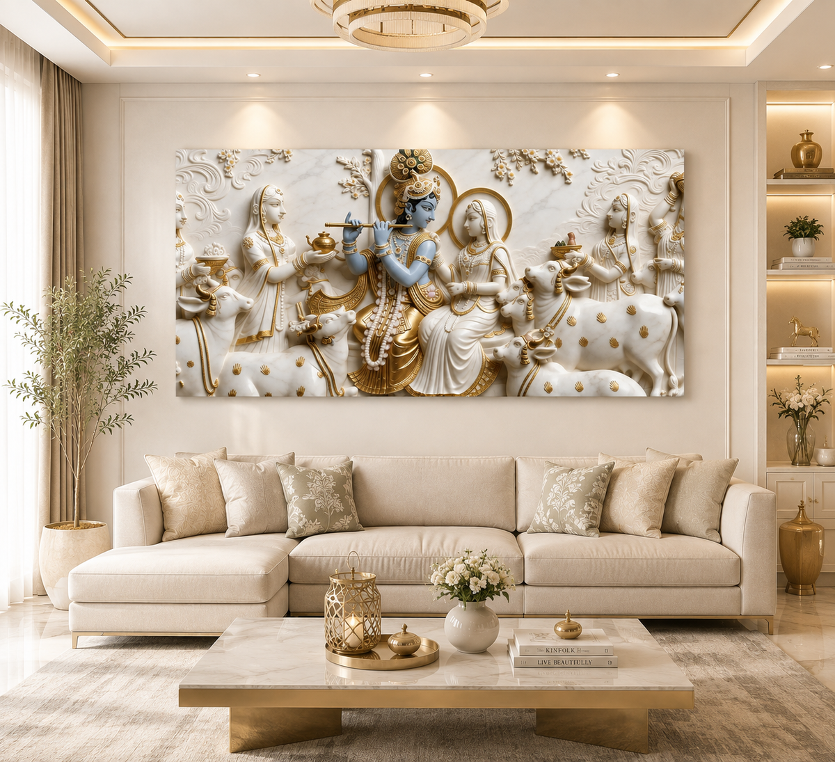 Luxurious 3D Sculpted Krishna Playing Bansuri Beside Radha Canvas Art for Living Room