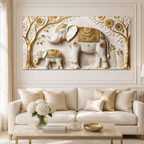 Artistic 3D Elephant Family Embossed Marble Canvas Frame Decor