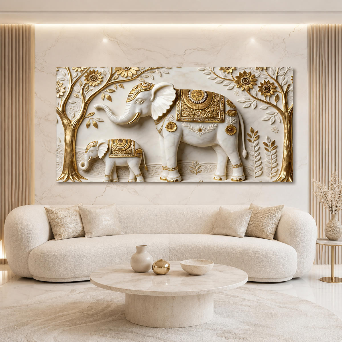 Artistic 3D Elephant Family Embossed Marble Canvas Frame Decor