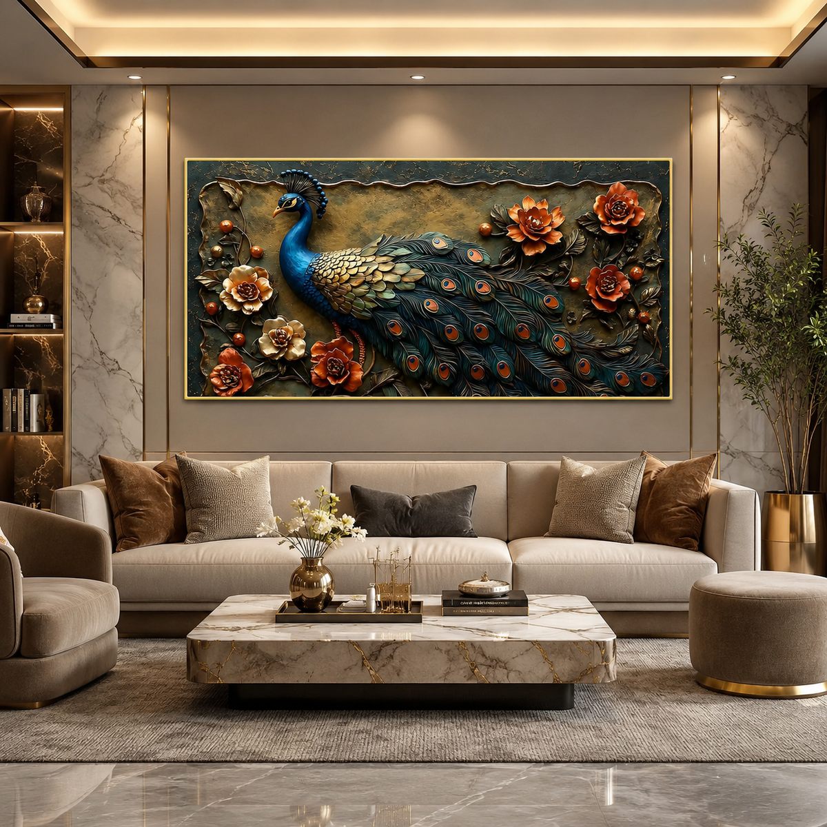 Beautiful 3D Peacock Wall Painting with Vibrant Tail Feathers, Flowers and Premium Artistic Design