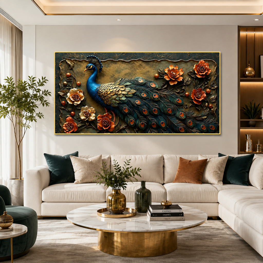 Beautiful 3D Peacock Wall Painting with Vibrant Tail Feathers, Flowers and Premium Artistic Design