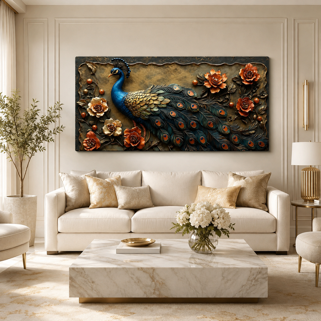 Beautiful 3D Peacock Wall Painting with Vibrant Tail Feathers, Flowers and Premium Artistic Design