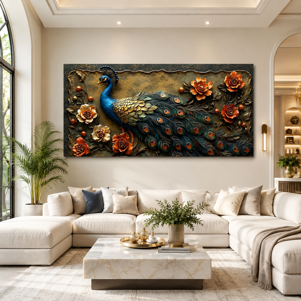 Beautiful 3D Peacock Wall Painting with Vibrant Tail Feathers, Flowers and Premium Artistic Design