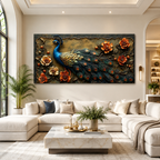 Beautiful 3D Peacock Wall Painting with Vibrant Tail Feathers, Flowers and Premium Artistic Design
