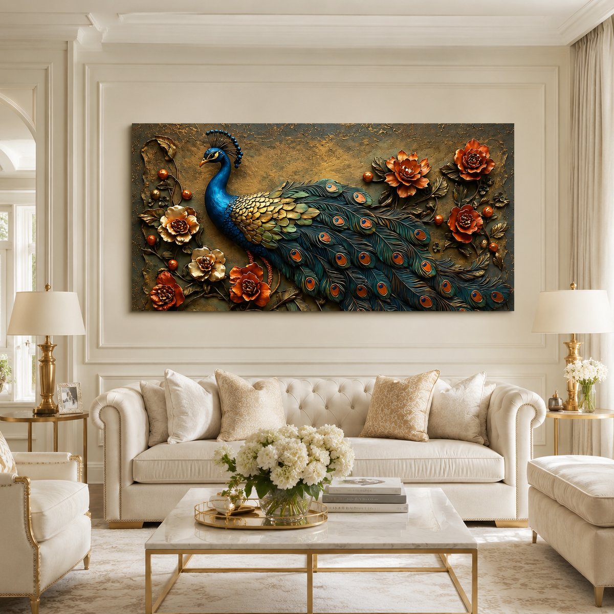 Beautiful 3D Peacock Wall Painting with Vibrant Tail Feathers, Flowers and Premium Artistic Design