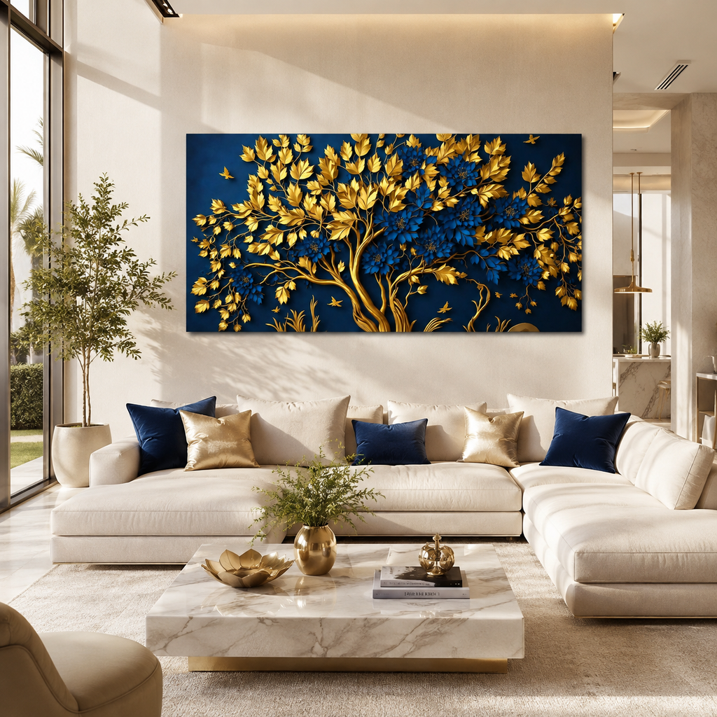 Beautiful 3D Golden Tree Wall Art with Blue Flowers, Golden Branches and Luxury Nature Artwork