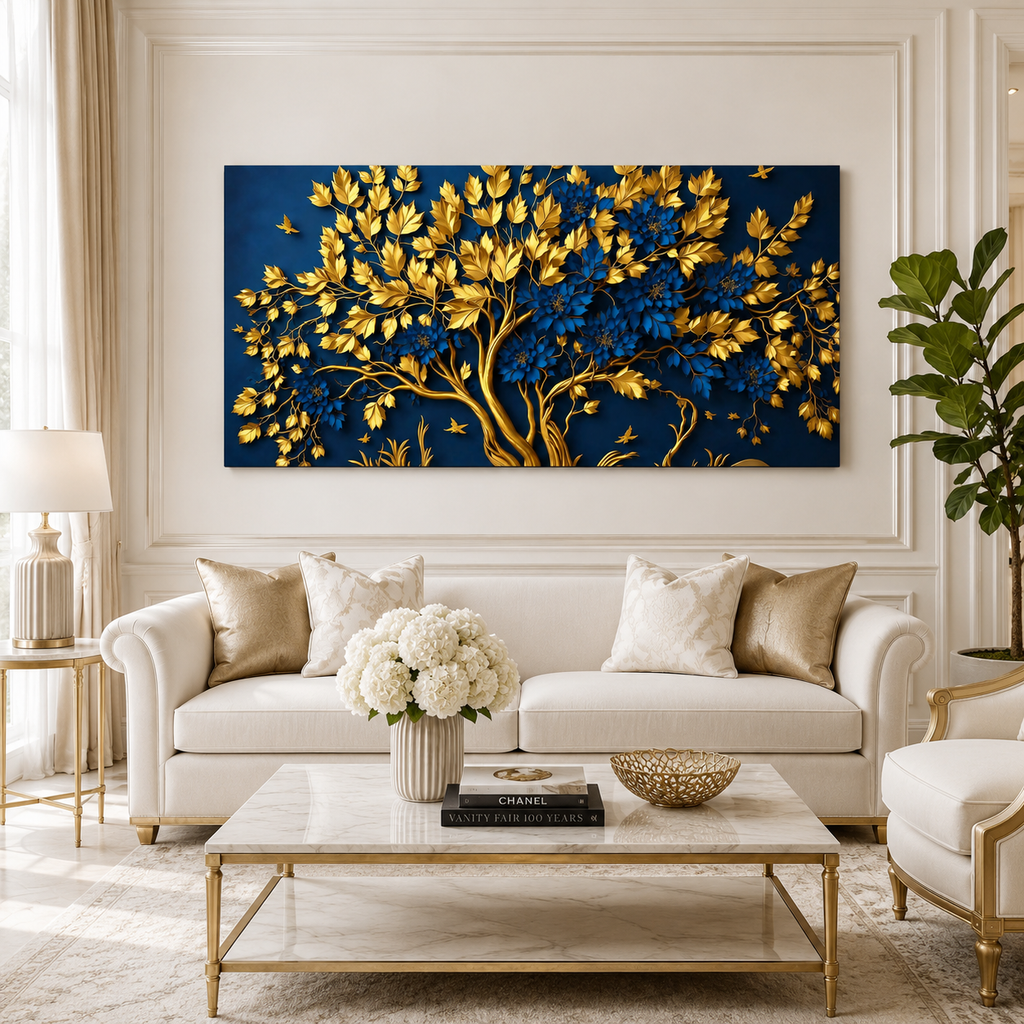 Beautiful 3D Golden Tree Wall Art with Blue Flowers, Golden Branches and Luxury Nature Artwork