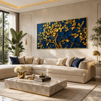 Beautiful 3D Golden Tree Wall Art with Blue Flowers, Golden Branches and Luxury Nature Artwork