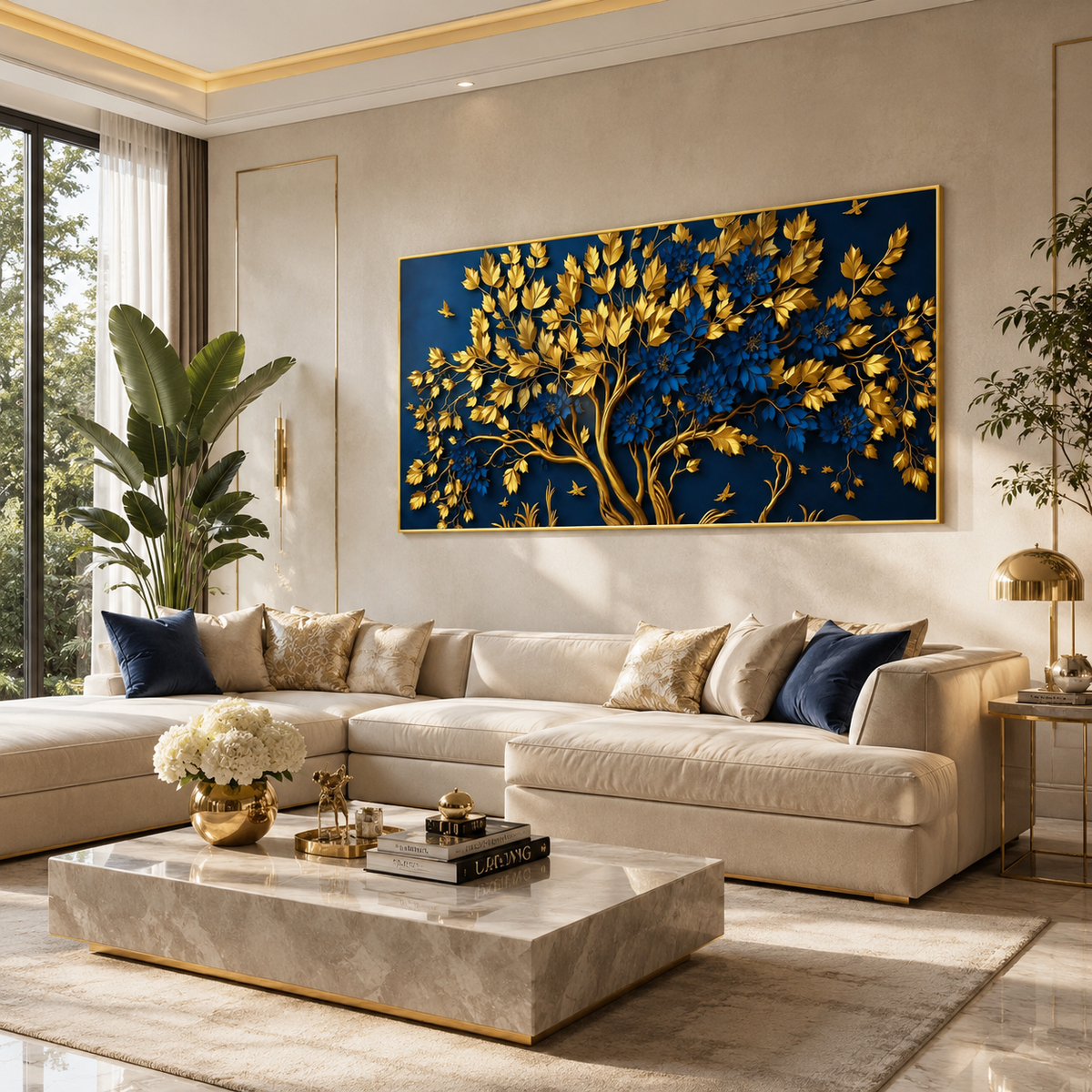 Beautiful 3D Golden Tree Wall Art with Blue Flowers, Golden Branches and Luxury Nature Artwork