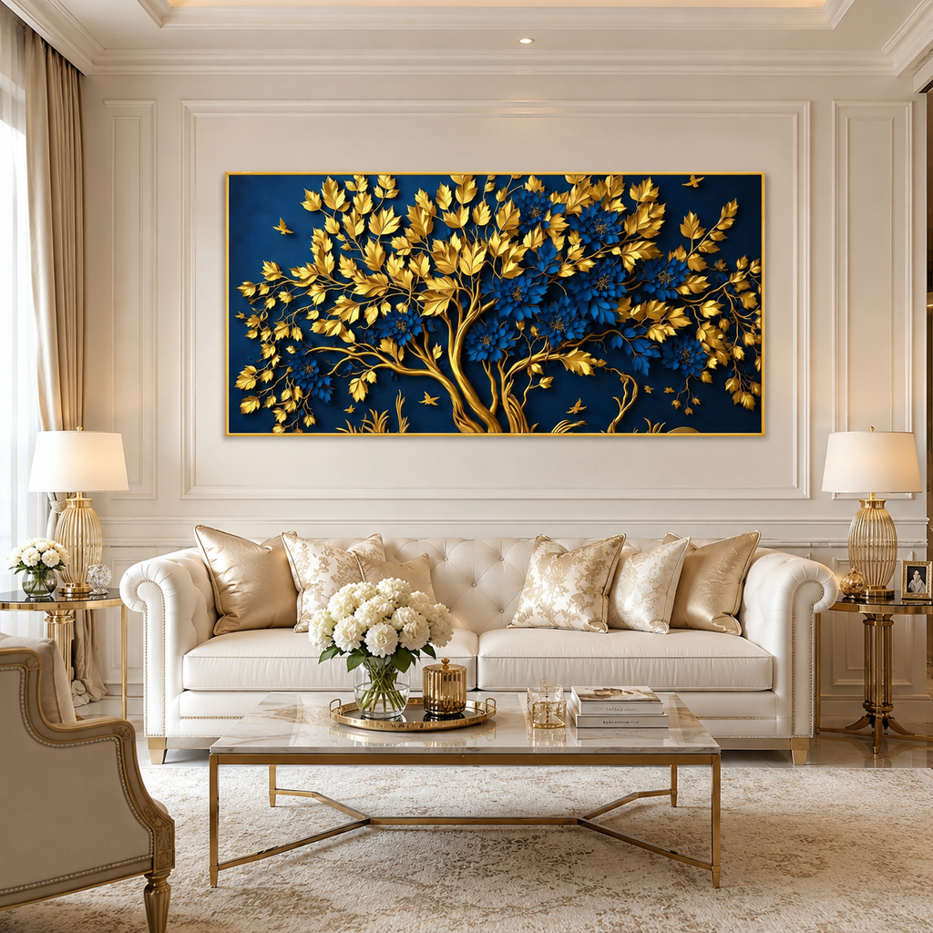 Beautiful 3D Golden Tree Wall Art with Blue Flowers, Golden Branches and Luxury Nature Artwork