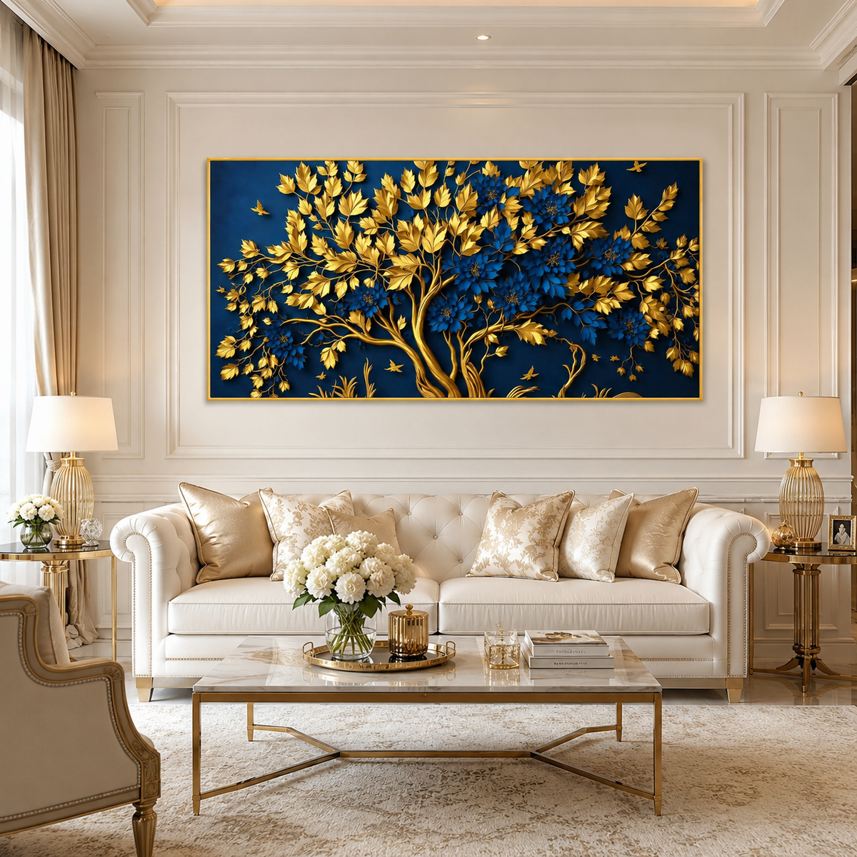 Beautiful 3D Golden Tree Wall Art with Blue Flowers, Golden Branches and Luxury Nature Artwork