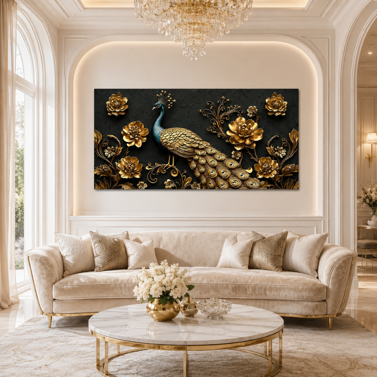 Majestic Peacock 3D Wall Painting with Gold Flowers and Feather Details for Home Decor