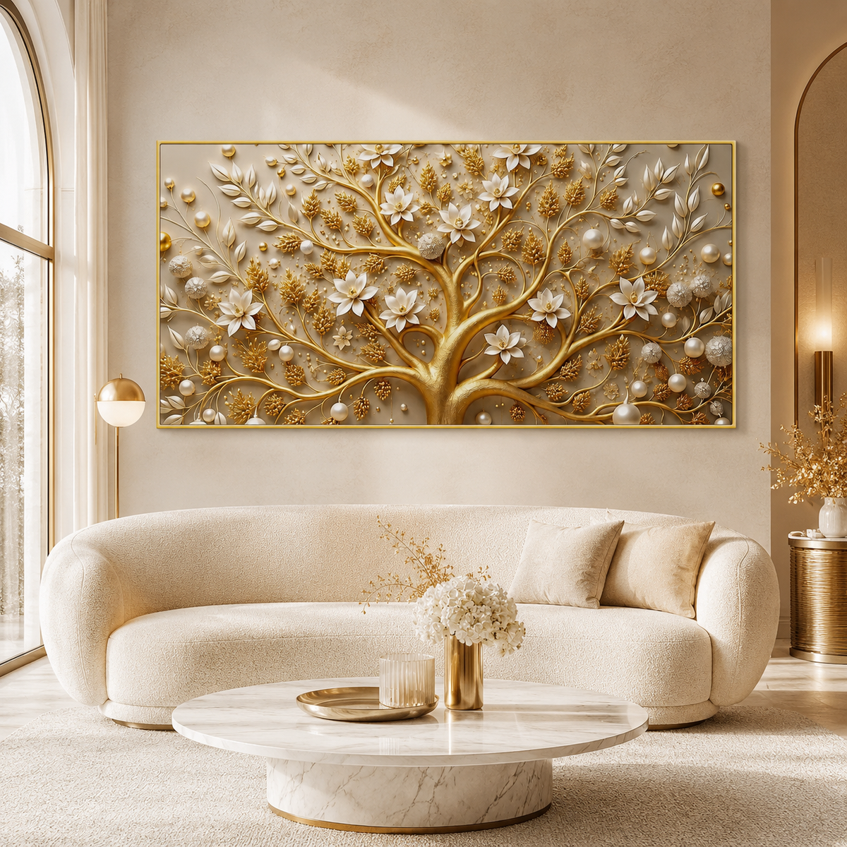 Royal Tree of Life 3D Painting with Golden Branches and White Floral Luxury Design