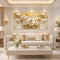 Elegant 3D White Rose Wall Painting with Gold Embellishments, Floral Texture and Sophisticated home Decor